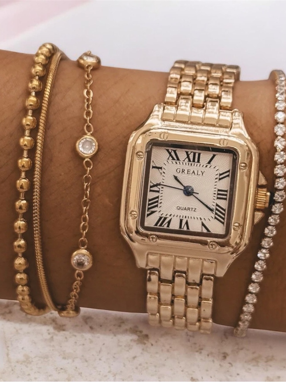 Gold-Tone Square Bracelet Watch for Women